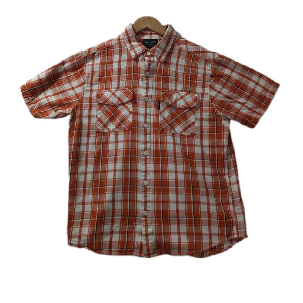 Harley Davidson Orange Plaid Button Shirt‎ Men's Large Short Sleeve Cotton
